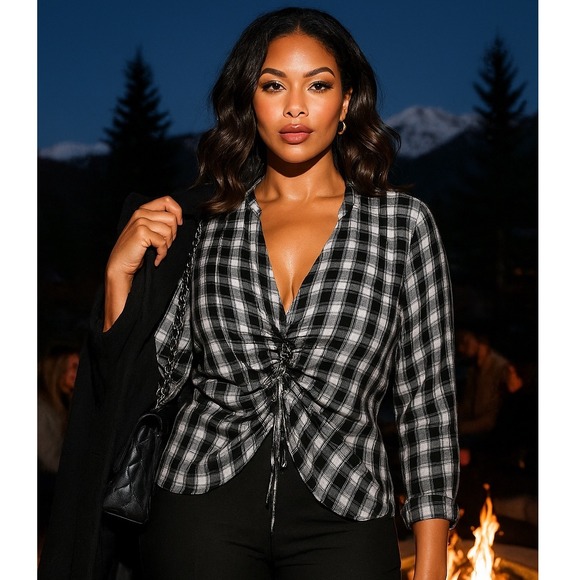 Express Womens Long Sleeve Plaid Top Black White Hi Low Large Ruched Cropped - Picture 1 of 12